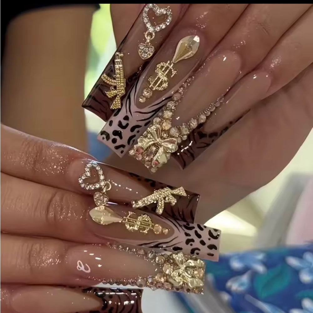 Gold and Brown with charms and stones Press on Nail Art Set